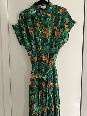 Palms Away Tropical Animal Print Belted Shirtdress Midi Length Linen Blend